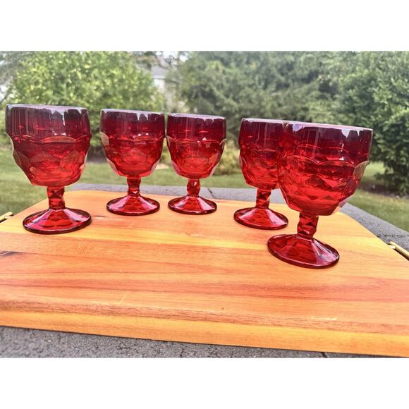 Viking Glass Georgian Ruby Red 5-5/8” Thumbprint Honeycomb 12 Oz Goblet ~5 Pc - Picture 1 of 9